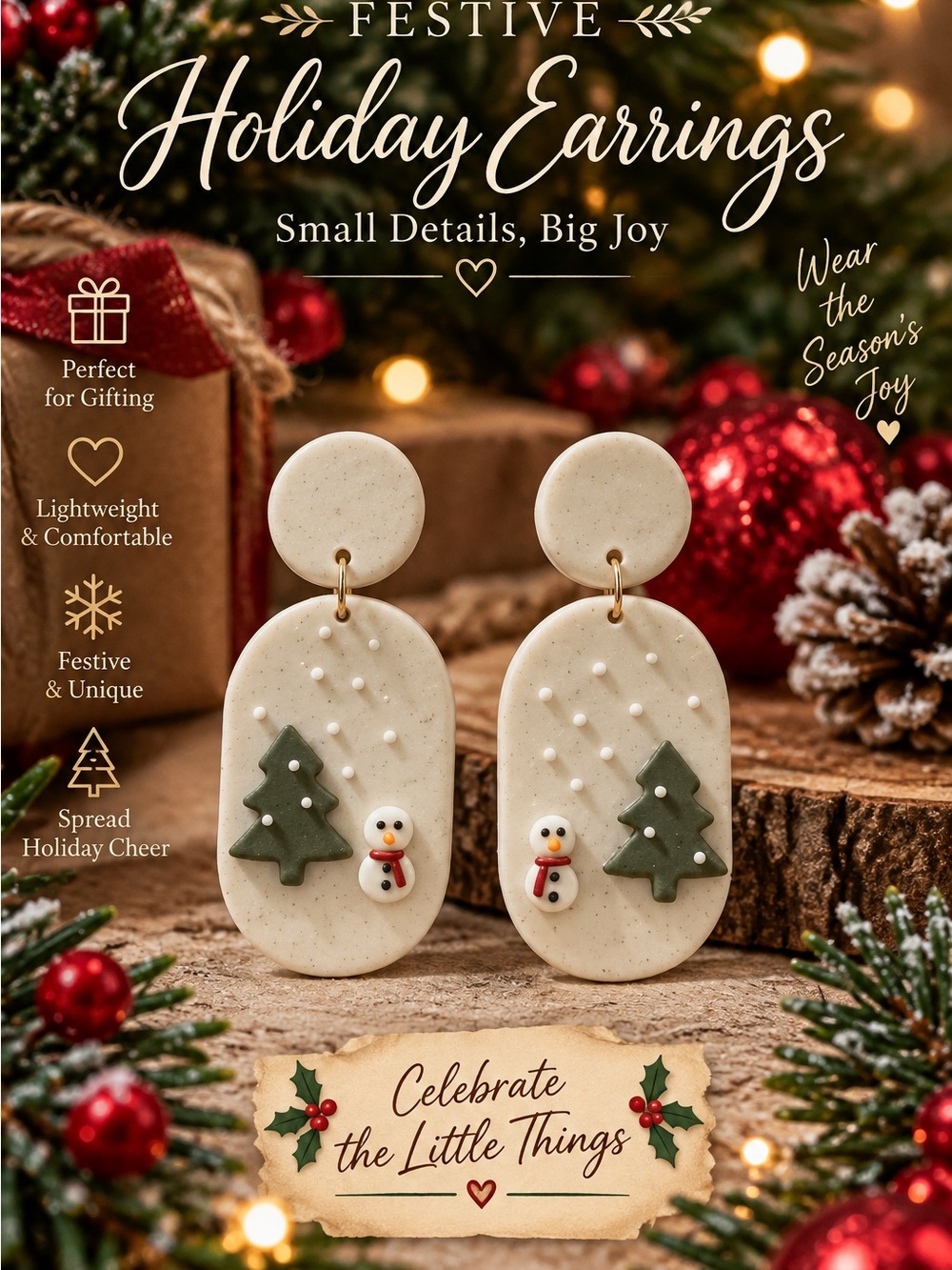 Festive Cream Drop Earrings with Green Tree & Snowman